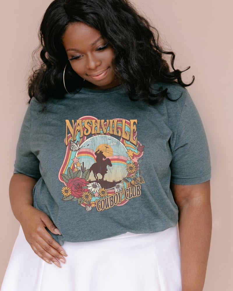 Front of a model wearing a size Large Nashville Cowboy Club in Forest by Simply Sage Market. | dia_product_style_image_id:281554